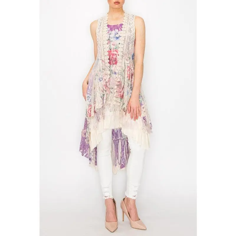 Hi-Low All Lace Vest Floral Duster Vest - Elegant Design with Floral Detail and Lace Accents for Versatile Wear