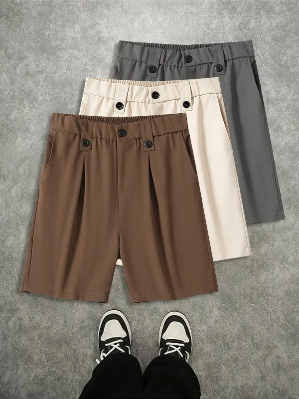 3-pack men’s suit shorts for summer—drapey, wrinkle-resistant suit fabric that is lightweight and breathable; suitable for work/commuting, shopping, dates, and everyday outings.