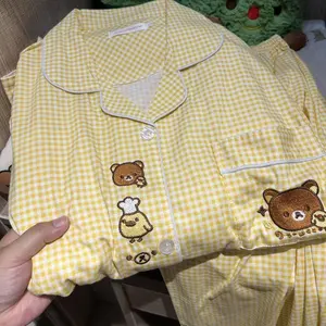 Rilakkuma Joke Bea pajamas for women spring and autumn long-sleeved trousers cartoon girl yellow plaid cute home clothe For All