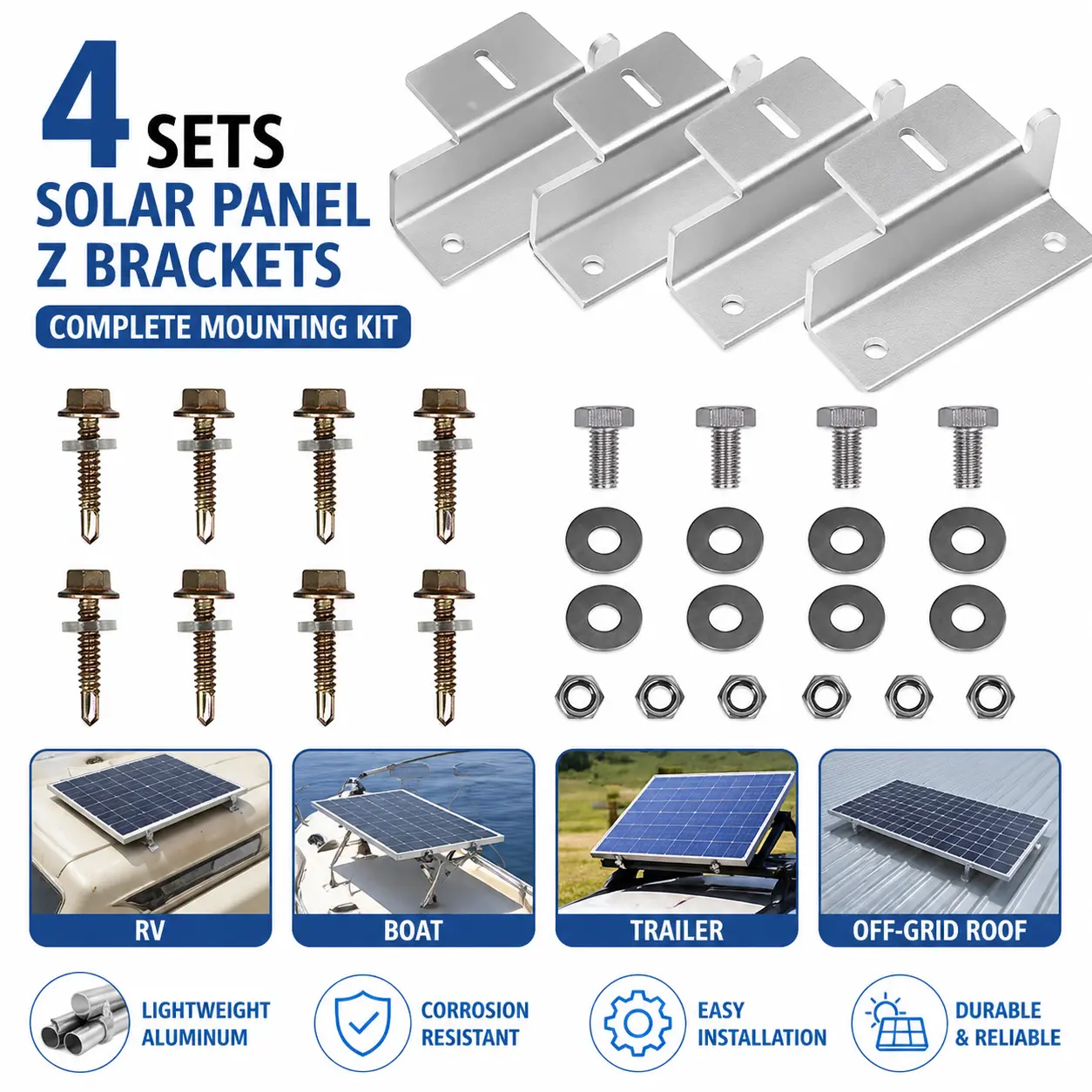 4 Sets Solar Panel Z Brackets – Lightweight Aluminum Mounting Brackets for RV, Boat, Trailer & Off-Grid Roof Installation (Corrosion-Free)