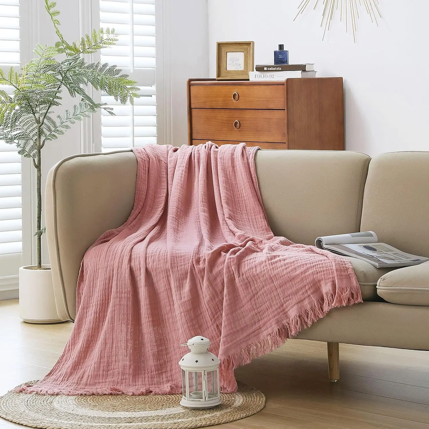 Cotton Muslin Throw Blanket with Tassels, Lightweight Woven Gauze, Pre-Washed Breathable Farmhouse for Bed, Couch, All-Season Use (Dusty Pink, 50" x 60")