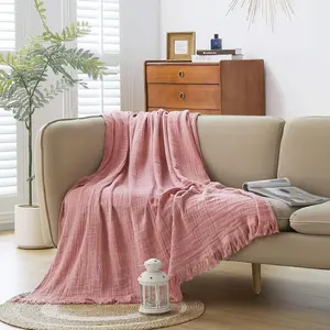 Cotton Muslin Throw Blanket with Tassels, Lightweight Woven Gauze, Pre-Washed Breathable Farmhouse for Bed, Couch, All-Season Use (Dusty Pink, 50" x 60")