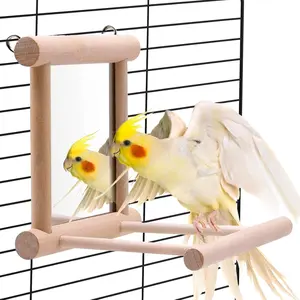 ChirpChirp Bird Mirror Toy & Natural Wooden Perch Stand with Swing - Interactive Parrot Toys & Parakeet Toys for Mental Stimulation. Essential Bird Cage Accessories, Perches & Supplies for Budgies, Cockatiels, Lovebirds, Finches.