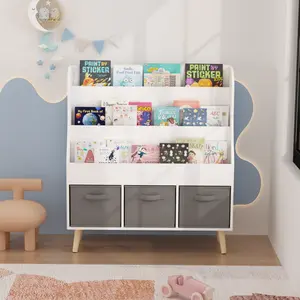 Kids Bookshelf with 3 Fabric Bins – White Wooden Front-Facing Book Organizer for Toddlers, Playroom, Nursery & Bedroom, Pine-Leg Book Rack