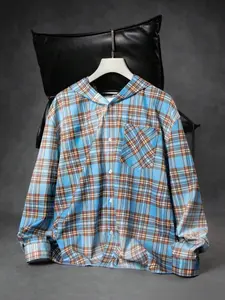 Stylish Striped Checkered Gingham Plaid Hooded Long Sleeve Shirt Jacket, Casual Loose-Fitting Spring & Autumn Top for Men and Women, Trendy Streetwear