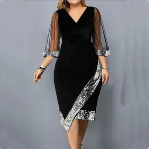 Mesh Half Sleeve Midi Dress for Ladies Evening Cocktail Party