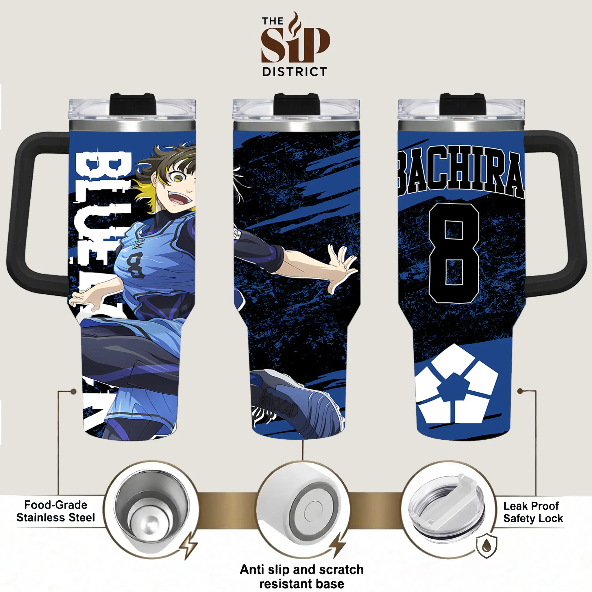 The Sip District. Meguru Bachira #8 Personalized Anime Tumbler 20oz 30oz 40oz, Soccer Manga Stainless Steel Tumbler with Handle, Vacuum Insulated Travel Mug, Double Wall Coffee Cup, Leakproof Thermal Drinkware, Reusable Gift for Anime Fans