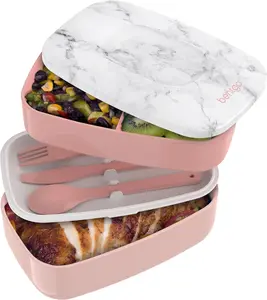 Bentgo Classic - Adult Bento Box, All-in-One Stackable Lunch Box Container with 3 Compartments, Plastic Utensils, and Nylon Sealing Strap, BPA Free Food Container (Blush Marble) Bowls Tableware