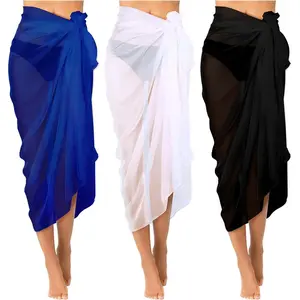 3 Pieces Sarong Wraps for Women Bathing Suit Cover Up Chiffon Beach Tie Skirt Long Bikini Sheer Scarf (43 x 57 Inch, Black, White, Royal Blue)
