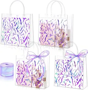 24 Pcs K pop Demon Clear PVC Gift Bags with Handles & Shiny Ribbon Goodie Bags Bulk with Demon Energy Print Transparent Treat Bags for Birthday Favors, Concert Supplies, Fan Meeting Decorations