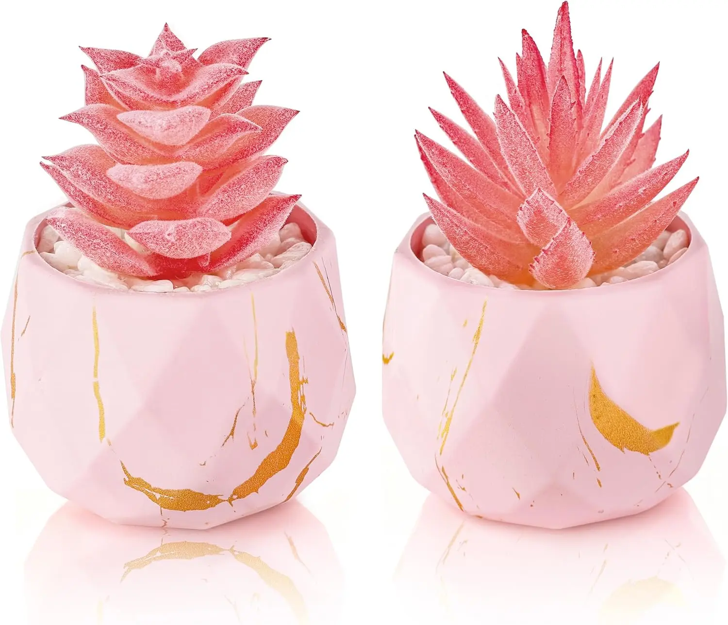 Der Rose 2-Piece Decorative Mini Artificial Succulent Plant Set - Shatterproof Gold-Streaked Pots, Office Desk Ornaments for Women’s Home Decor