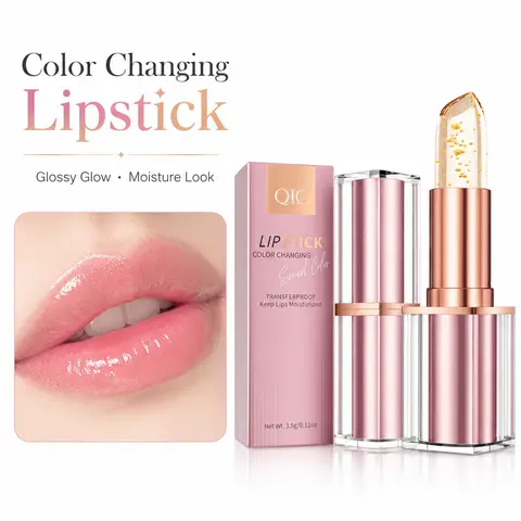 Mature Women's QIC Gold Foil Flakes Lipstick - Temperature-Activated, Skin-Adaptive Cosmetic Tinted Balm, Transferproof Rosy Colored Shiny Lipstick & Lip Gloss, Hydrating Non-Drying Daily Glow Long-Lasting (Ayesha Pink, All Skins)