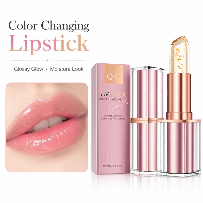 Mature Women's QIC Gold Foil Flakes Lipstick - Temperature-Activated, Skin-Adaptive Cosmetic Tinted Balm, Transferproof Rosy Colored Shiny Lipstick & Lip Gloss, Hydrating Non-Drying Daily Glow Long-Lasting (Ayesha Pink, All Skins)