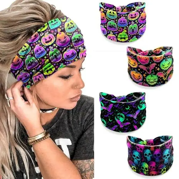 4 Pack Halloween Headbands for Women, Neon Spooky Skull Pumpkin Bat Punk Style Wide Stretchy Hair Bands, Breathable Stretchy Non-Slip Holiday Themed Hair Accessories for Party, Yoga, Makeup, Costume