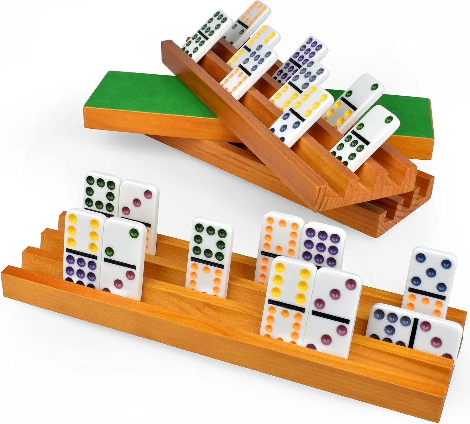 Queensell Domino Holders for Classic Board Games - Wooden Domino Racks Set of 4 - Mexican Train Dominoes Accessories - Domino Trays for Tiles Family Games (Large)