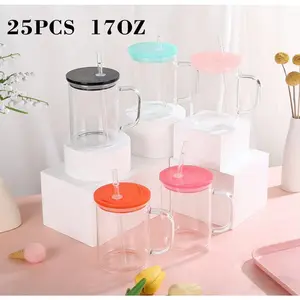 25pcs 17Oz Sublimation Glass Jar Mug with Colored Plastic Lid And Handle - Clear Coffee And Milk Mug for DIY Vinyl UV DTF Packaging