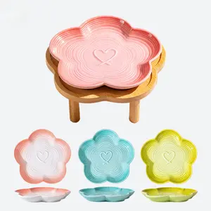 Shallow Elevated Cat Bowl, 6.6 Inch Wide Raised Ceramic Cat Dish with Bamboo Stand, Whisker Friendly Pet Water or Food Plate Feeding Station for Indoor Cats, Kittens