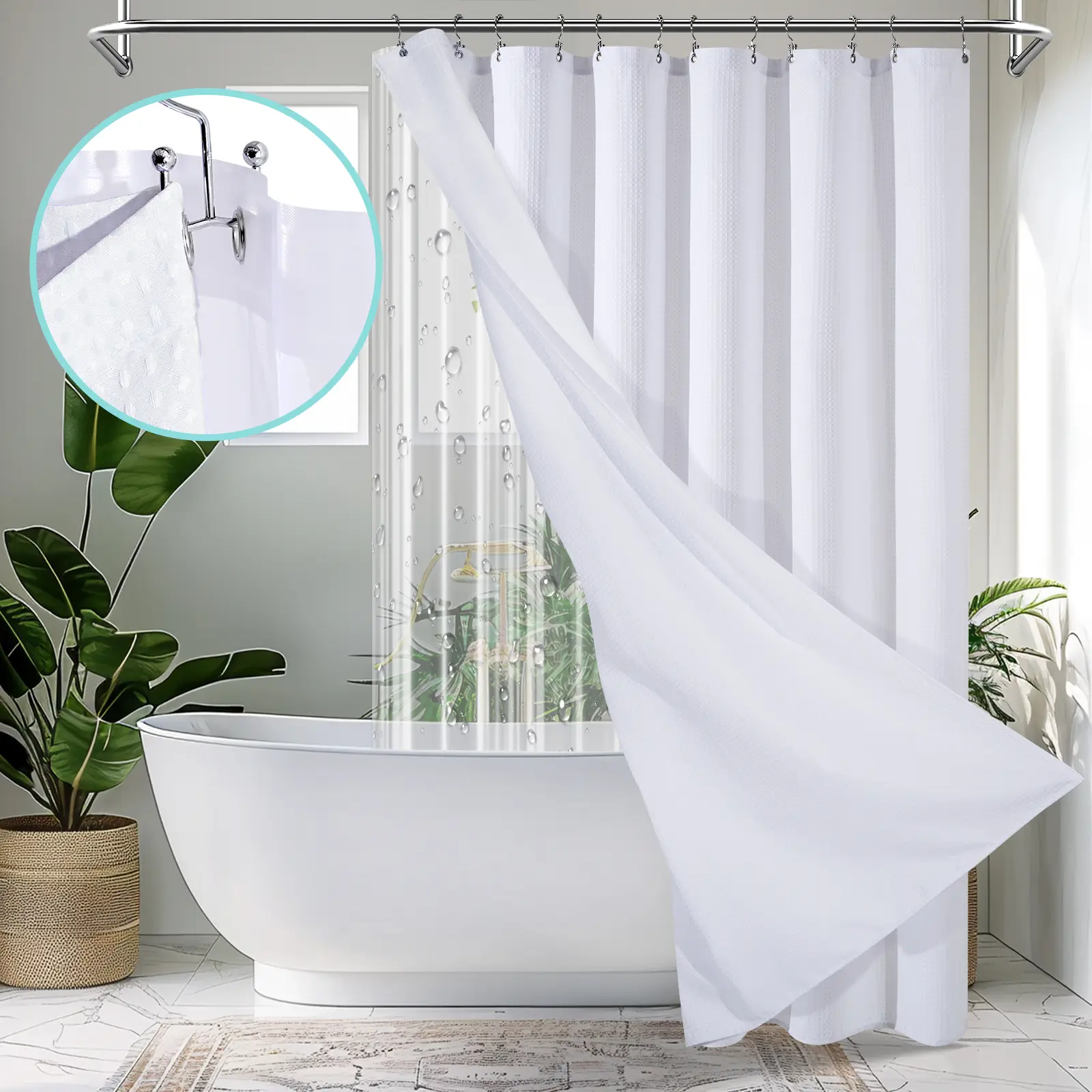 VIPfree Luxury 3 in 1 Waffle Shower Curtain and Liner Set with Double Sided Hooks - 258GSM Weighted Shower Cloth Set for Bathroom 72x72 White