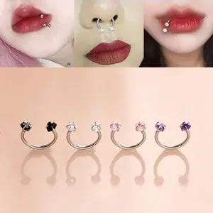 4-Piece Double Zircon Piercing Rings Set, mouth rings/Ear/Nose Piercing Combo, Hypoallergenic Stainless Steel Internally Threaded Daily Piercing Jewelry