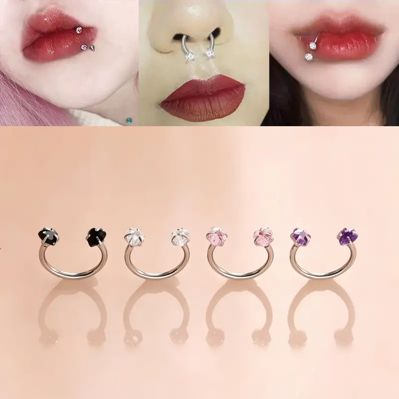 4-Piece Double Zircon Piercing Rings Set, mouth rings/Ear/Nose Piercing Combo, Hypoallergenic Stainless Steel Internally Threaded Daily Piercing Jewelry