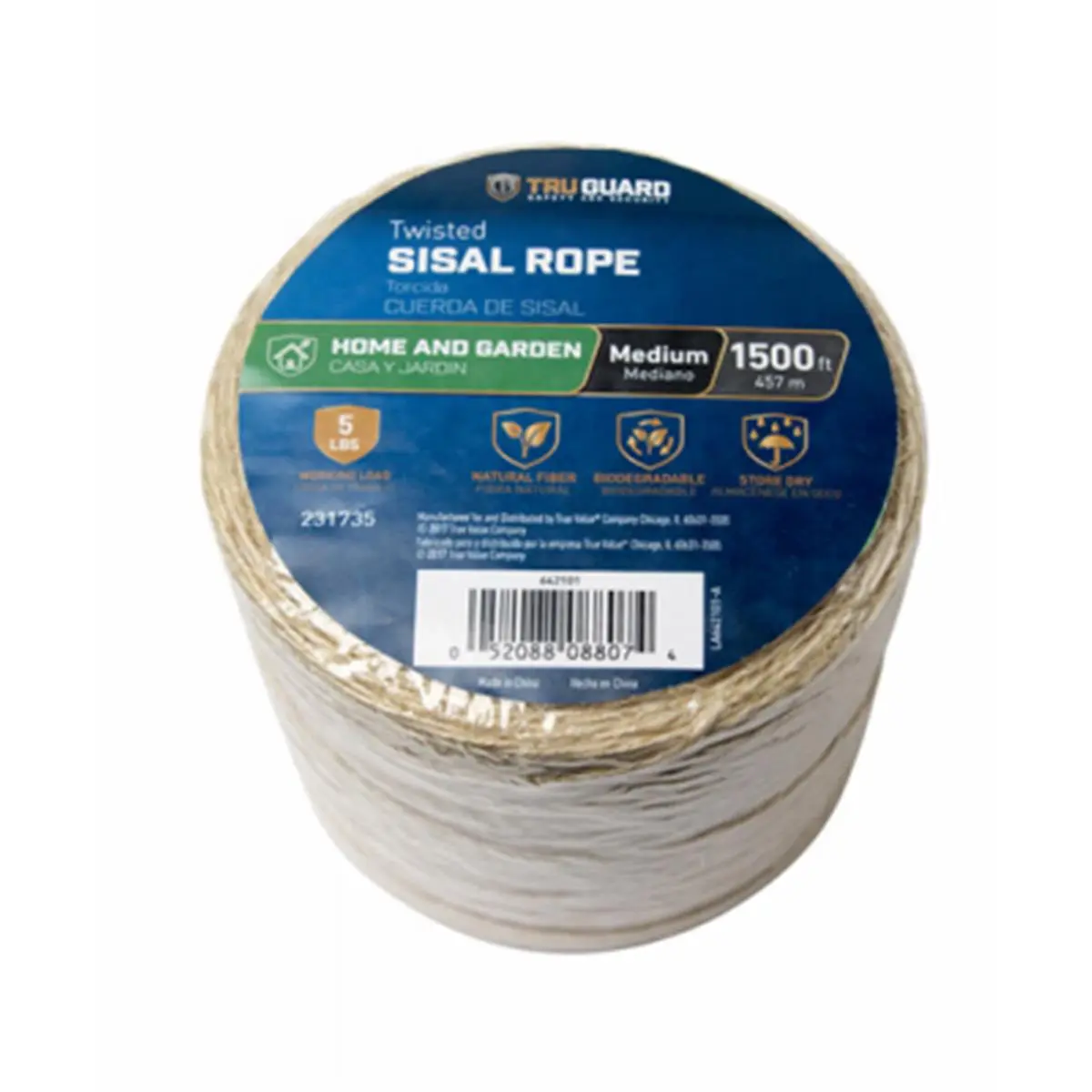 MIBRO Group 231735 Tru-Guard All Natural Fiber Twisted Sisal Twine, 1-Poly x 1500 ft Coil Form, for Gardening, Packaging, Crafts, Home and Garden Office Stationery Supply, All Natural Twine, Natural Sisal Rope