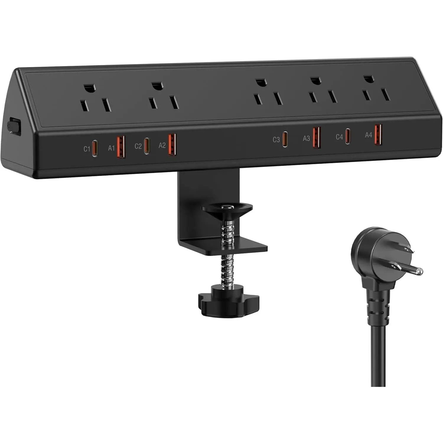 Desk Clamp Power Strip 65W   Station,4 PD USB-C,5 Outlets,Nightstand Desk Edge Mount Tower Surge Protector,15 Amp Heavy Duty Power Strip,Fits 1.96" Tabletop Edge (Black, 6 FT )