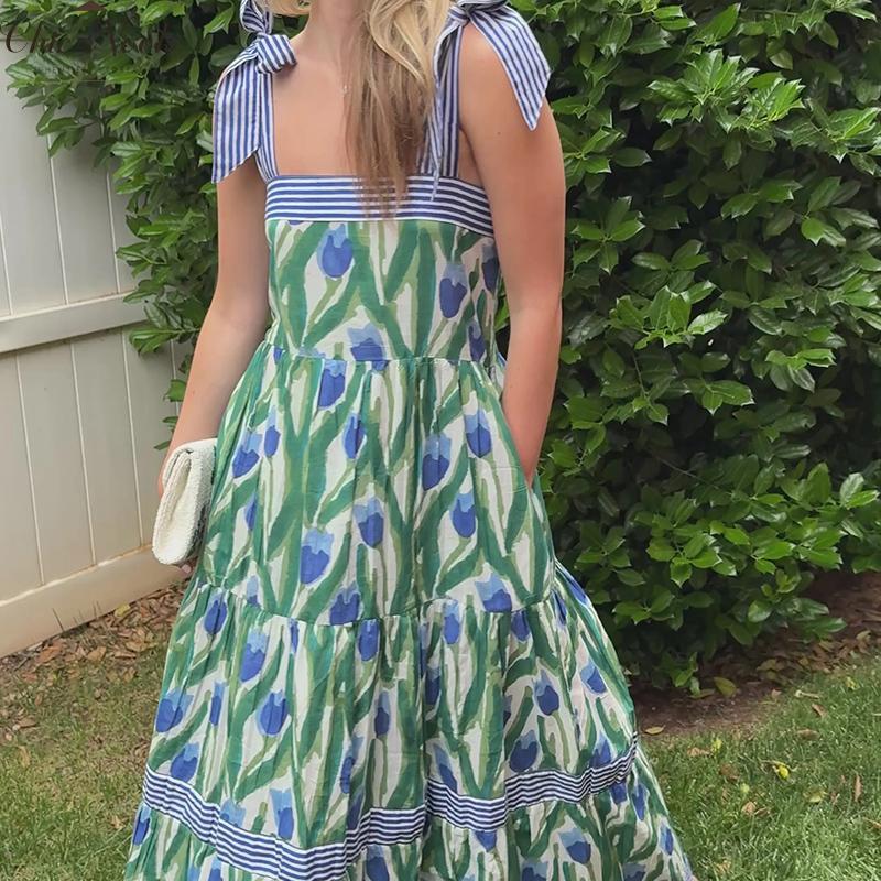 Women Summer Maxi Dress with Pockets 2025 Spaghetti Strap Sundress Casual Flowy Boho Dress Floral Tiered Beach Dress
