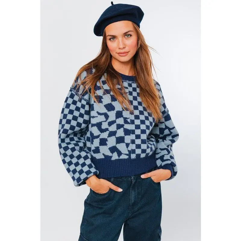 Long Sleeve Checkerboard Sweater