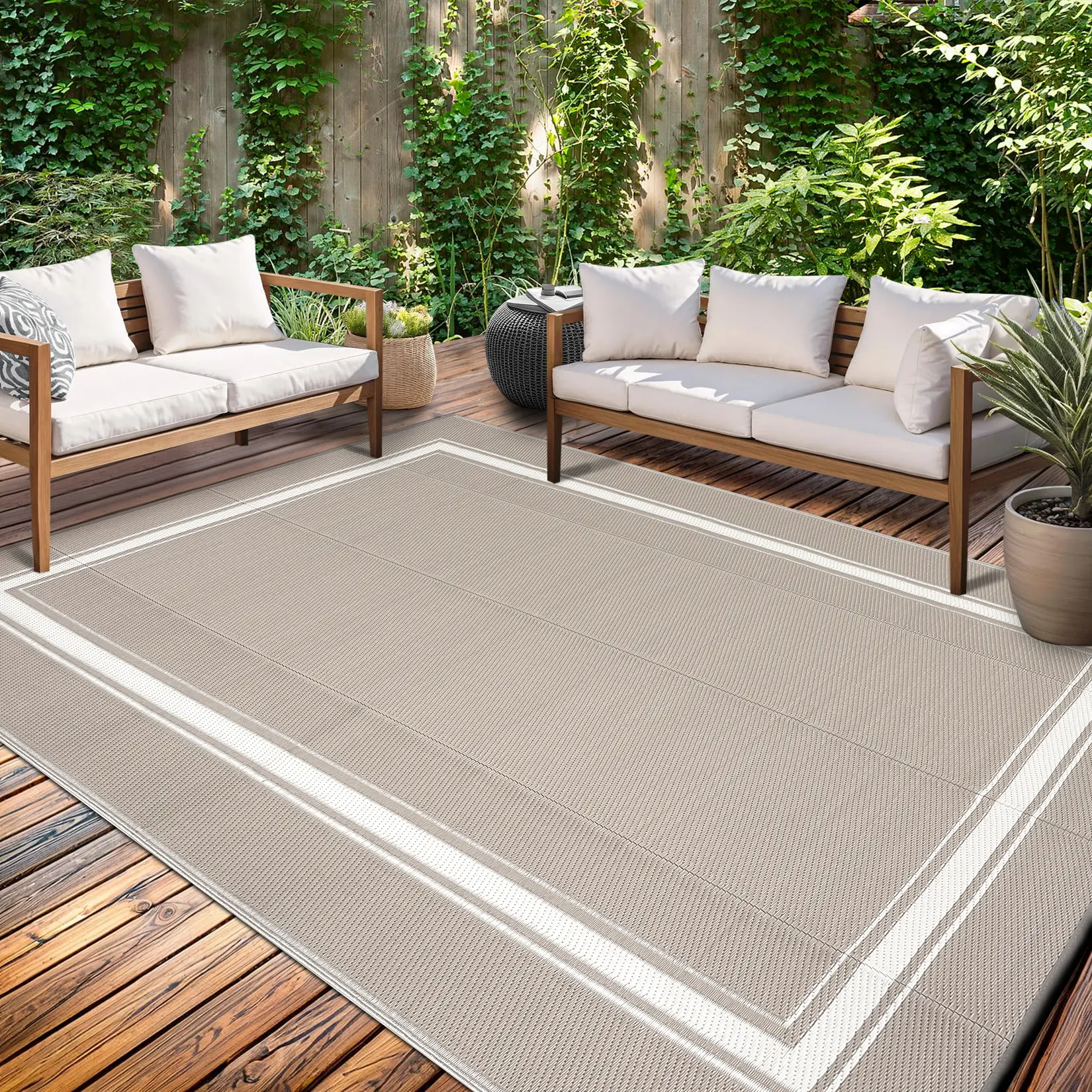 Modern Bordered Outdoor Rug Double-Sided Reversible Plastic Woven Outdoor Rug Easy to Clean for Patios Balconies RVs Beaches Camping Gardens