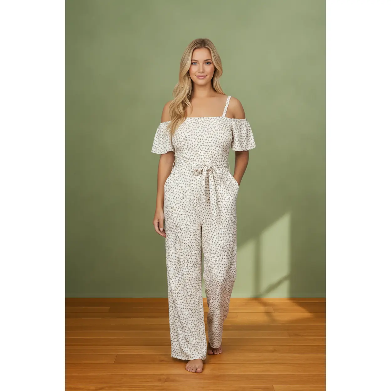VENETIAN BLOOM OFF SHOULDER WHITE FLORAL TIE BELT JUMPSUIT