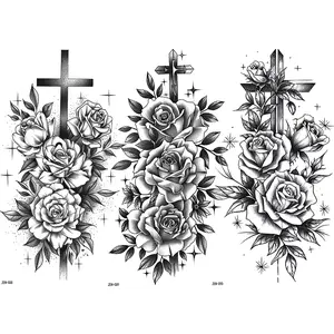 3 Sheets Rose Temporary Tattoo Stickers, Waterproof Realistic Rose & Cross Fake Tattoos, Body Art Decor for Men Women Parties Events