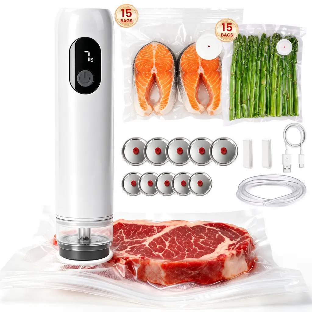 41-Piece Handheld Vacuum Sealer Kit, Rechargeable Electric Food Vacuum Sealer with 30 Reusable Bags & 10 Mason Jar Lids, Portable Food Sealing Machine for Meal Prep & Storage