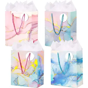 Medium  Bags, 4 Pack 9'' Marble Paper Bag with Tissue Paper for Shopping Business Birthday Wedding  Shower Christmas Party(Marble)