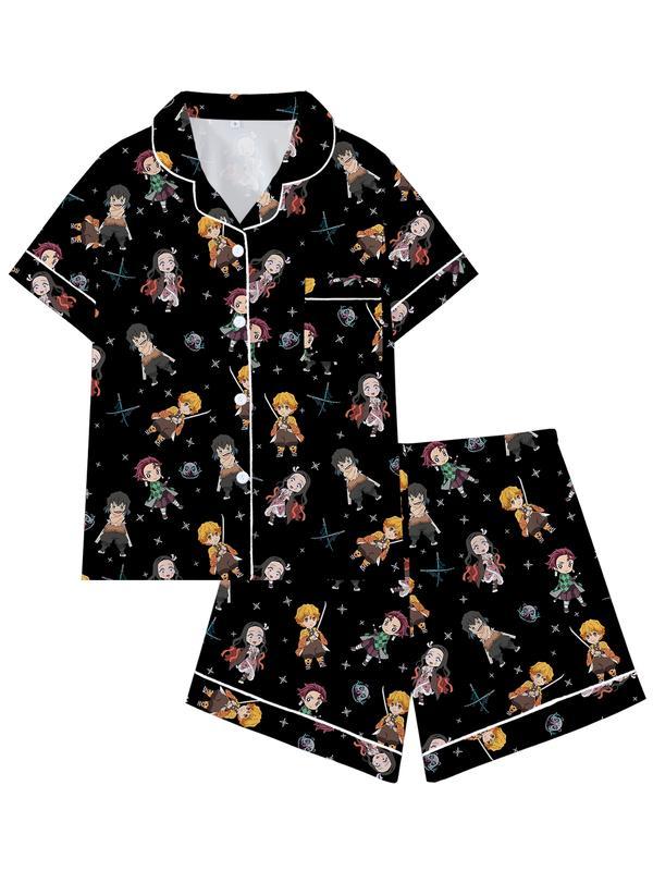 Men's Teen Domon Slayer Anime Collared Short Sleeve Pajama Set, Comfortable Sleepwear for All Seasons, Cute Movie Pajamas Gift