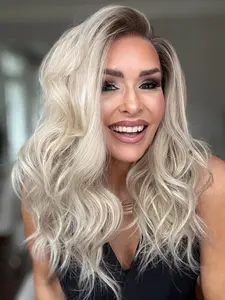 MACA BAKA Mabel Light Blonde Ombre Highlight Lace Front Wig with Scandinavian Hairline Low Density 16 Inches Short Wavy HD Synthetic Lace Front Wigs for Women Pre Plucked