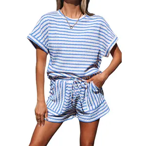 2 Piece Sets for Women Summer Outfits Cute Stripe Knit T Shirts Shorts Matching Lounge Set
