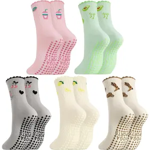 5 Pairs Cute Pilates  for Women, Ruffle Frilly Yoga  Non Slip Cotton Crew  with Embroidery Pattern Socks