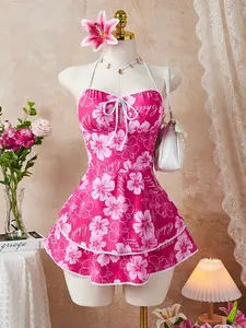 Women's Summer New Floral Print Halter Neck Sleeveless Dress, Butterfly Knot Tie Multi-Layer Cake Skirt, Sweet Sexy Beach Vacation