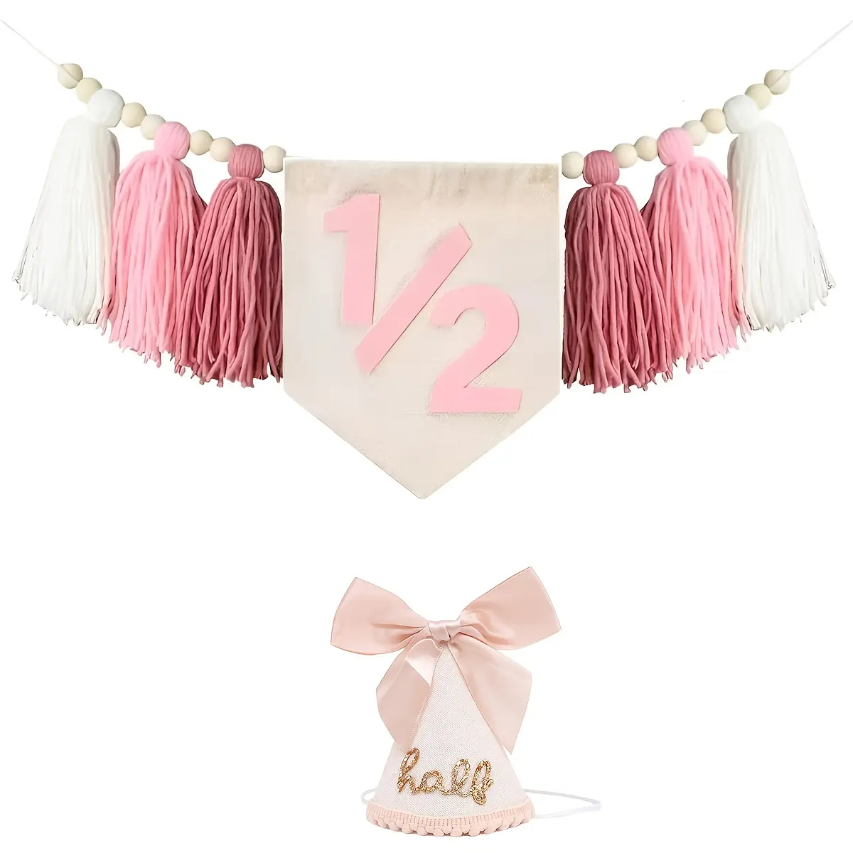 2pcs Light Bow Half Birthday Hat Set, Half Birthday High Chair Banner, Baby Party Decoration, Birthday Party Supplies, Perfect for First Birthdays, Party Decorations Banners