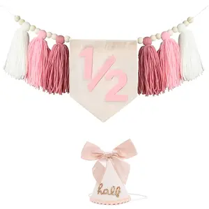 2pcs Light Bow Half Birthday Hat Set, Half Birthday High Chair Banner, Baby Party Decoration, Perfect for First Birthdays, Party Decorations Banners