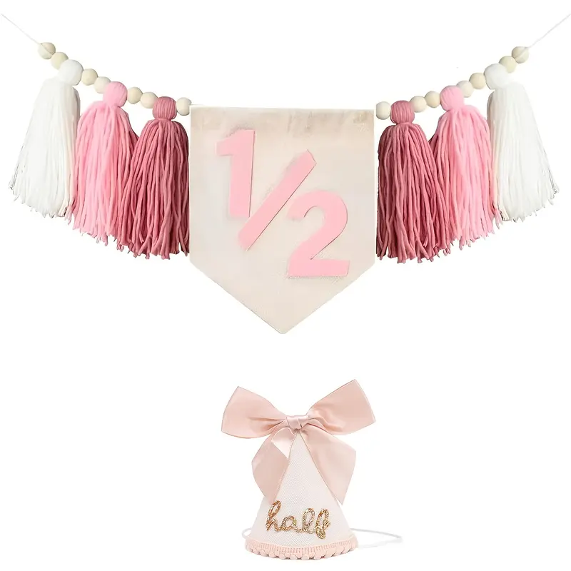 2pcs Light Bow Half Birthday Hat Set, Half Birthday High Chair Banner, Baby Party Decoration, Birthday Party Supplies, Perfect for First Birthdays, Party Decorations Banners