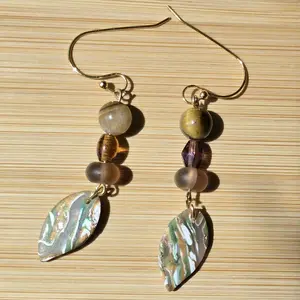 Elegant Abalone Leaf Earrings with Gold-Tone Beads and Hooks for Women's Fashion