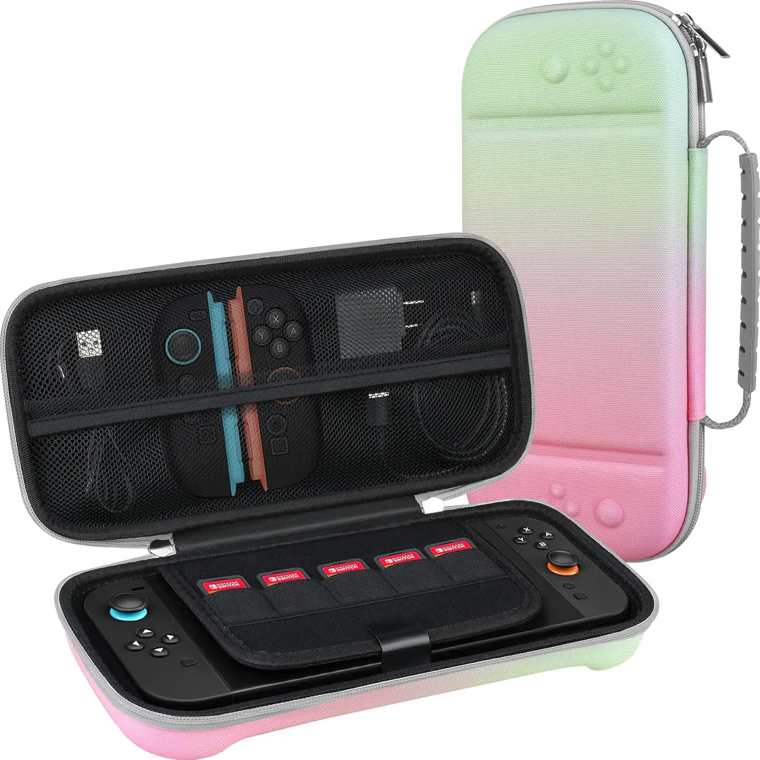 L-PHP006 Hard EVA Travel Console Protector Case with Handle - High-Quality Fabric, Rubber-Velcro Mesh Organiser for 2025 New Nintendo Switch 2, Joy-Con, Cables, Game Cartridges, Extra Storage for Accessories (Fancy Pink Green for Daily Gamers)