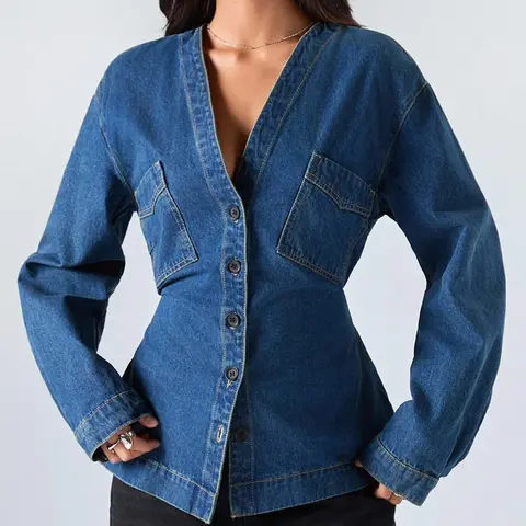 Women's Deep V-Neck Denim Jacket, Waist-Cinching Slim-Fit Long-Sleeve Single-Breasted Top, Ladies' Denim Shirt With Back Tie Detail, Suitable For Spring, Autumn And Winter