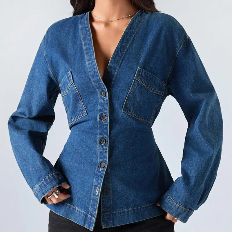 Women's Deep V-Neck Denim Jacket, Waist-Cinching Slim-Fit Long-Sleeve Single-Breasted Top, Ladies' Denim Shirt With Back Tie Detail, Suitable For Spring, Autumn And Winter
