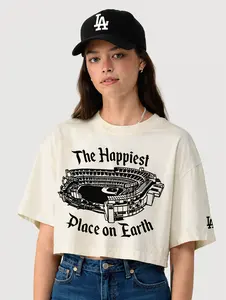 LA Baseball “Happiest Place” Women’s Crop Tee ⚾✨ | Vintage Graphic (Black & White)