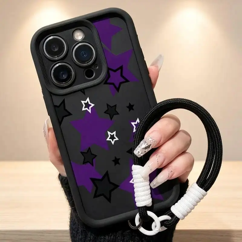 Purple Stars Pattern TPU Phone Case Suitable for IPhone17 11 12 13 14 15 16 Pro Max Air Plus with Wrist Strap Shockproof Drop Protection Rugged Durable Silicone Cover Cellphone Protective
