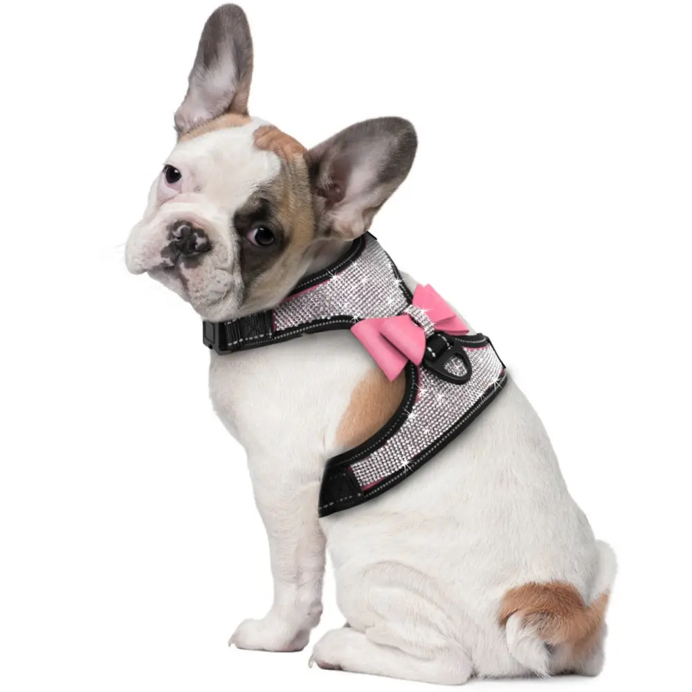 Rhinestone Decor Pet Harness with Bow, Adjustable Breathable Dog Vest Harness, Soft and Lightweight Cat Chest Sling, Pet Supplies, Dog Stuff, Harness Straps, Puppy Harness, Frenchie Harness