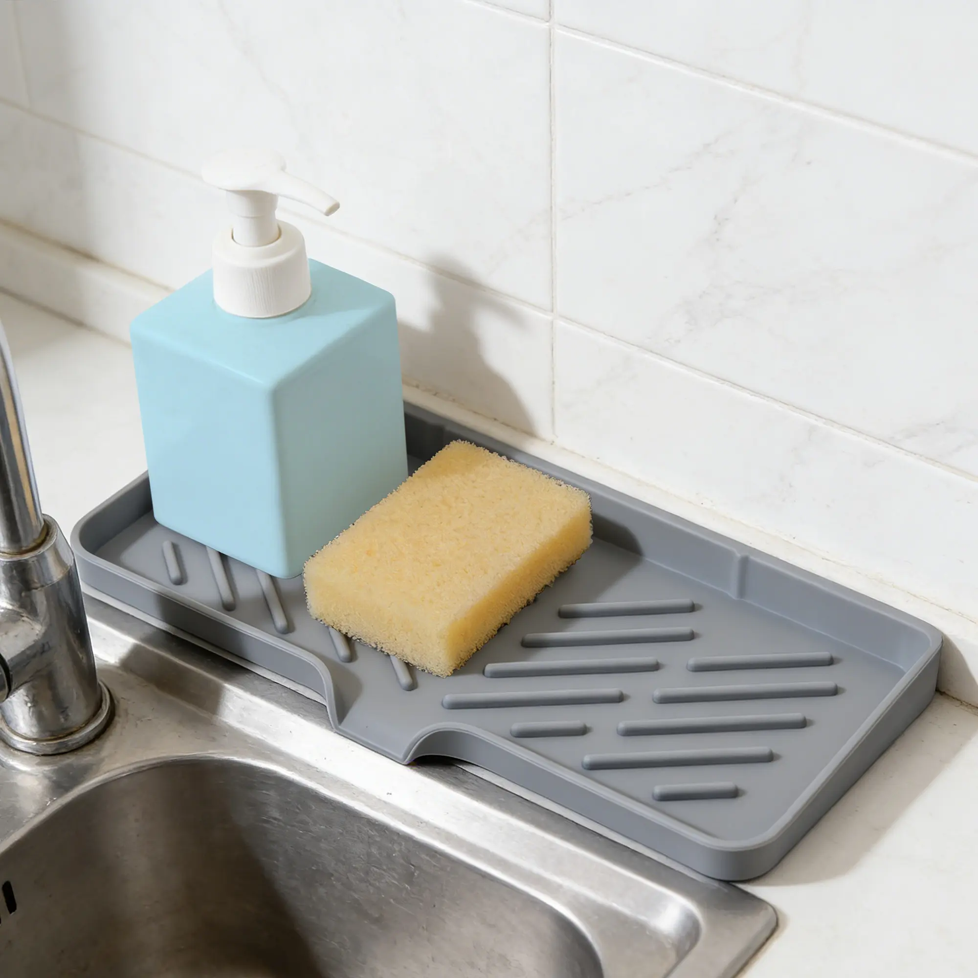 Household Essentials Silicone Sink Mat - 6x10 inches Non-slip 2-in-1 Kitchen Gadget, Self-draining Sponge Holder That Drains Water, Easy Maintenance, Keeps Kitchen Organized