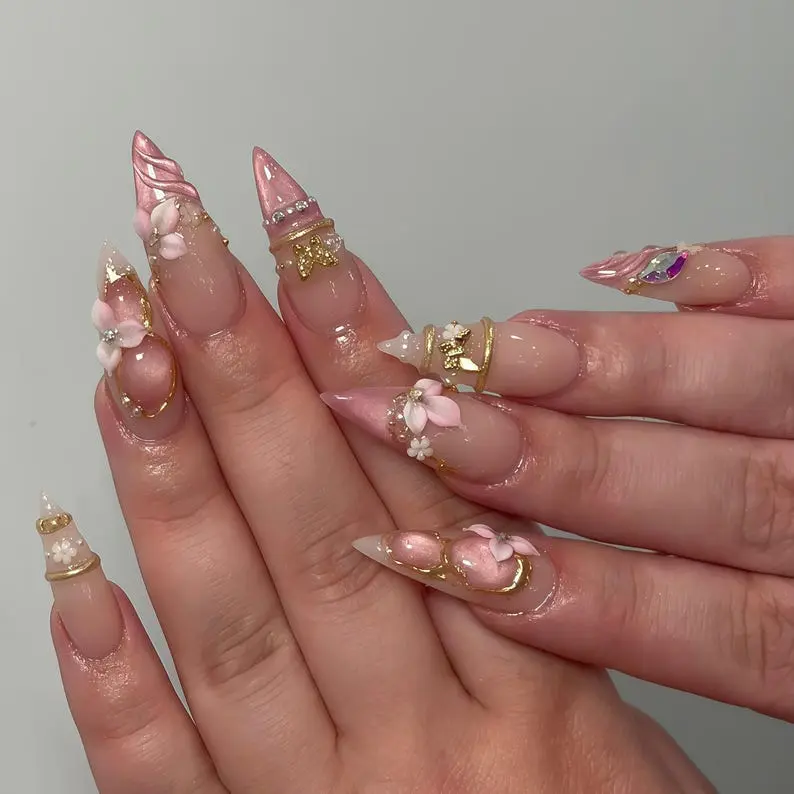 3D Pink Flower Press On Nails, Dreamy Pink Ombré with Gold Foil & Gems, Handmade Luxury False Nails, Reusable